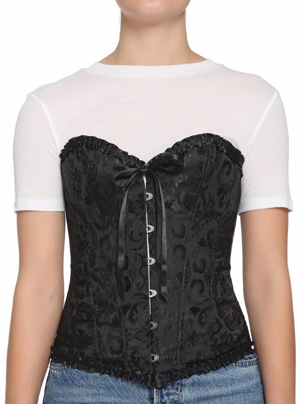 Hot topic Black Brocade Corset Top with Ribbon Front X-Large